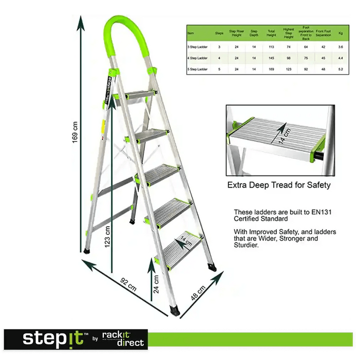 Aluminium 5 Step Ladder, Non-Slip Deep Steps, 150kg, 2-Year Warranty - Non Professional