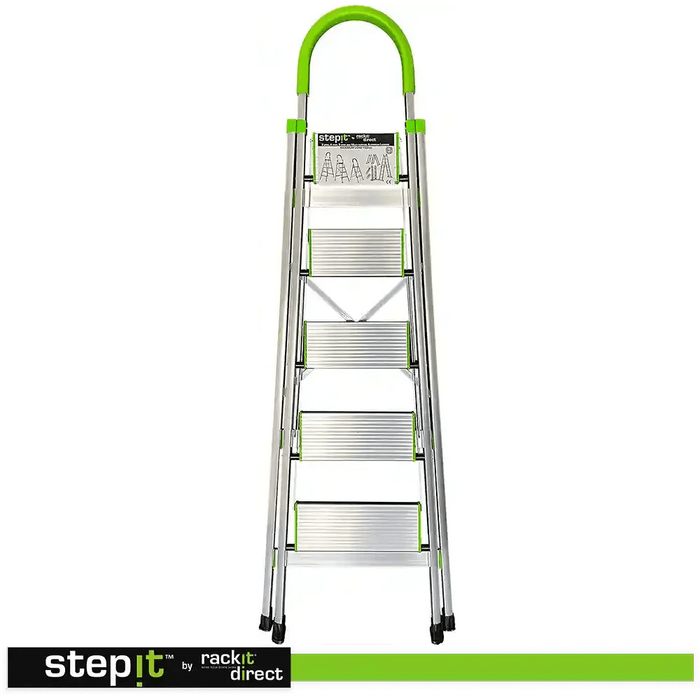 Aluminium 5 Step Ladder, Non-Slip Deep Steps, 150kg, 2-Year Warranty - Non Professional