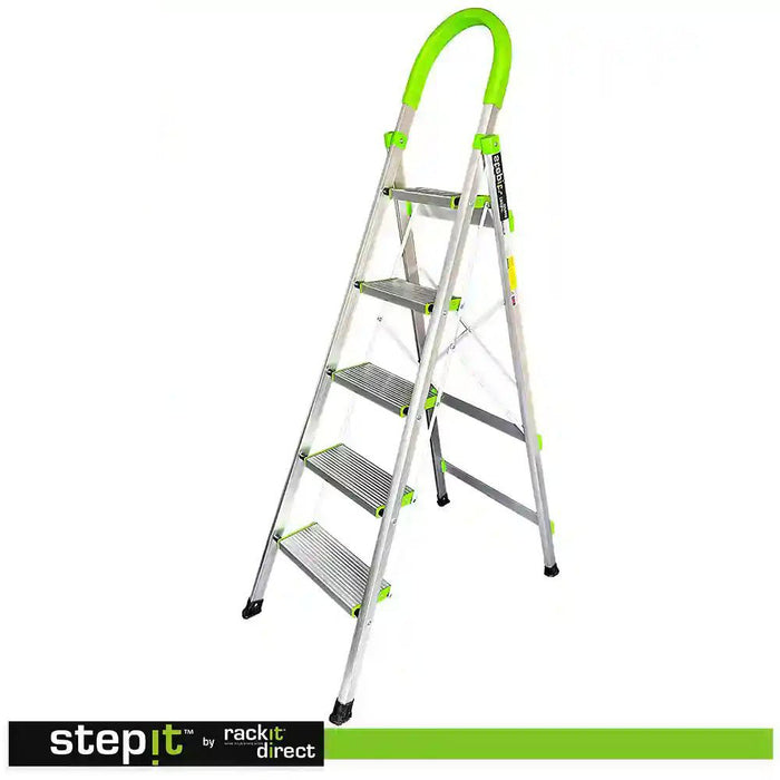 Aluminium 5 Step Ladder, Non-Slip Deep Steps, 150kg, 2-Year Warranty - Non Professional