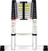 Compact telescopic ladder from Rackitdirect.co.uk, EN-131 certified, featuring a sturdy black and silver design, safety instruction labels, adjustable steps, and a convenient carry handle. Step-it™ by Rackit Direct branding prominently displayed, accompanied by the British flag.