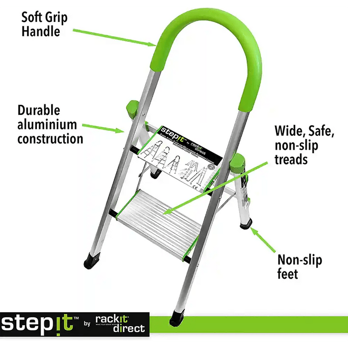 StepIt by Rackit Direct ladder featuring a soft grip handle, durable aluminium construction, wide and safe non-slip treads, and stable non-slip feet, ensuring optimal safety and durability for household and professional use.