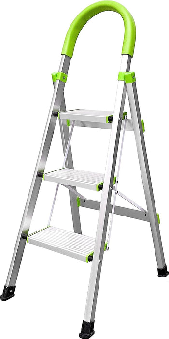 A silver and green foldable step ladder with ergonomic grip handle, anti-slip tread platforms, and sturdy metal frame. Ideal for home and professional use.