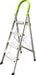 "StepIt™ folding ladder by Rackit Direct, showcased in its fully extended position. The ladder features a distinctive neon green ergonomic handle for enhanced grip, securely attached with bright green fixtures. Each step is reinforced with ridged aluminium for slip-resistance and additional safety, complemented by sturdy, wide-set legs with rubberised feet for stability. The design embodies a harmonious blend of functionality and modern aesthetics, ideal for both domestic and professional use.