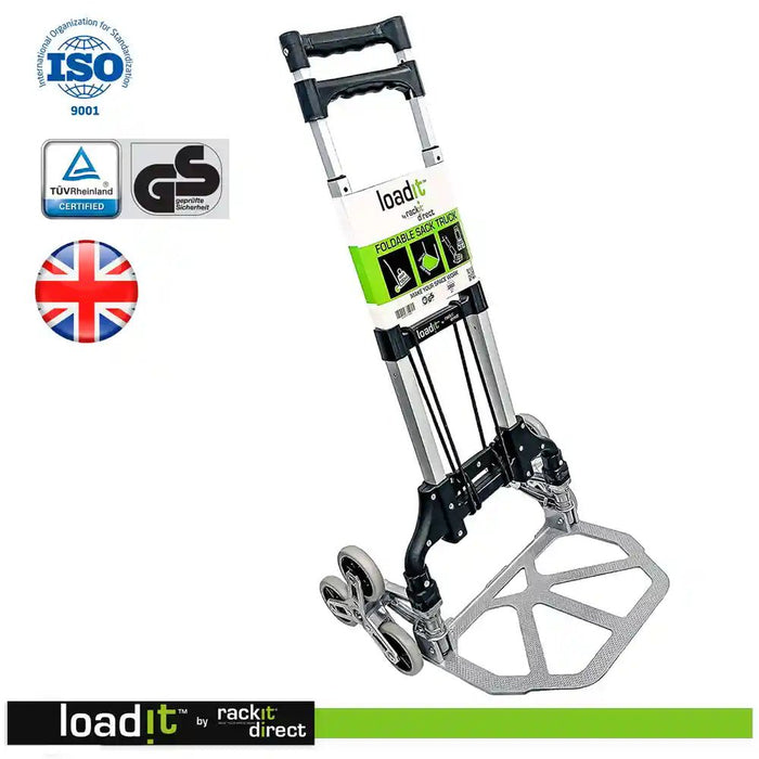 Folding Stair Climber Sack Truck 70kg, Bungee Cord & 6 Rubber Wheels - RackitDirect