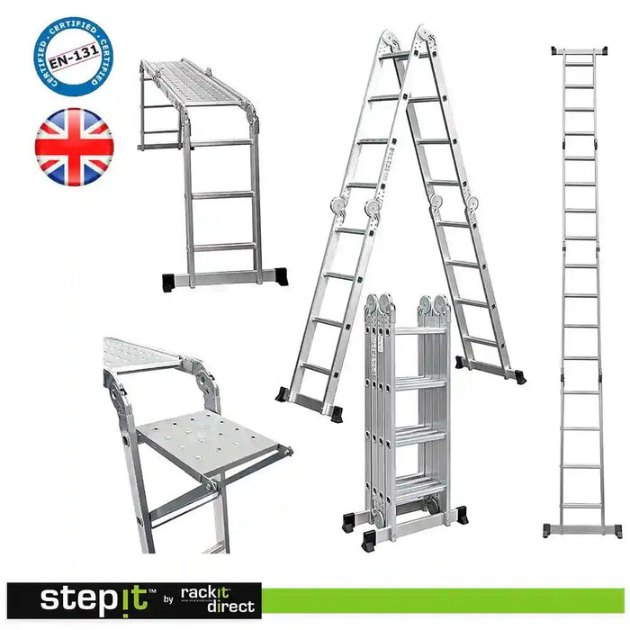 Collage of a multi-functional aluminum ladder. One showcases a platform setup with detailed close-ups of its anti-slip surface and hinge. Another depicts the ladder in an A-frame stance with detailed views of its hinges. The final display is the ladder fully extended vertically.