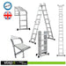 Collage of a multi-functional aluminum ladder. One showcases a platform setup with detailed close-ups of its anti-slip surface and hinge. Another depicts the ladder in an A-frame stance with detailed views of its hinges. The final display is the ladder fully extended vertically.