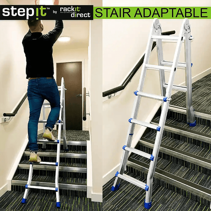 Man uses 'Step-It' ladder by rackit direct on stairs to reach upwards, highlighting its 'stair adaptable' feature. On the right, the adaptable ladder stands alone on a stairway.