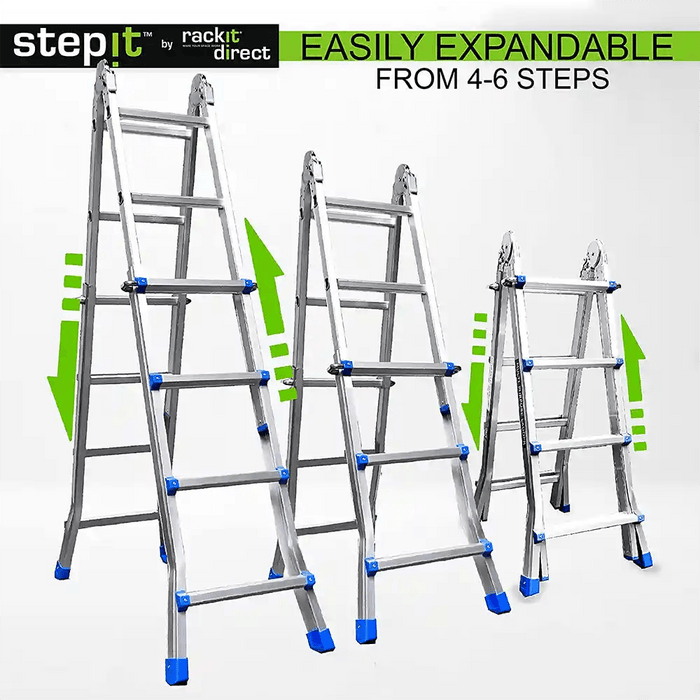 Three 'Step-It' ladders by rackit direct in progressive heights, showcasing their expandability from 4 to 6 steps, with green arrows indicating adjustment levels.