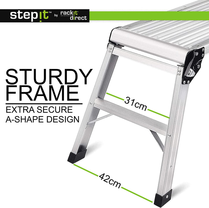 StepIt 150kg Lightweight Aluminium Work Platform, Folding Step Up/Hop Up Platform - 1130x520x420 - Working 2 Step Up Ladder With Secure Lock, High Capacity Maximum Weight Bench, EN131 Certified - RackitDirect