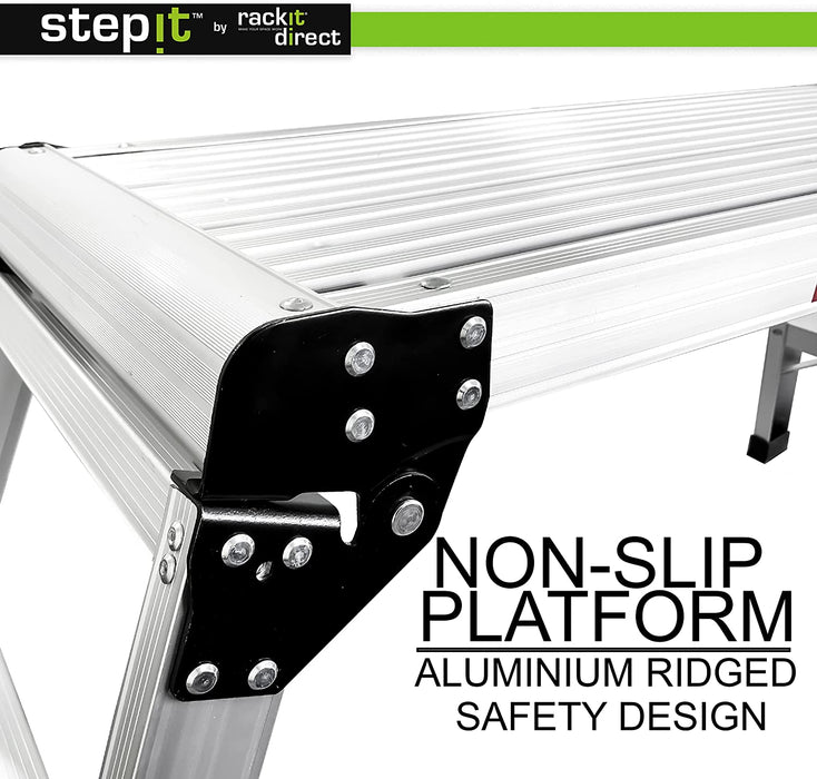 StepIt 150kg Lightweight Aluminium Work Platform, Folding Step Up/Hop Up Platform - 1130x520x420 - Working 2 Step Up Ladder With Secure Lock, High Capacity Maximum Weight Bench, EN131 Certified - RackitDirect