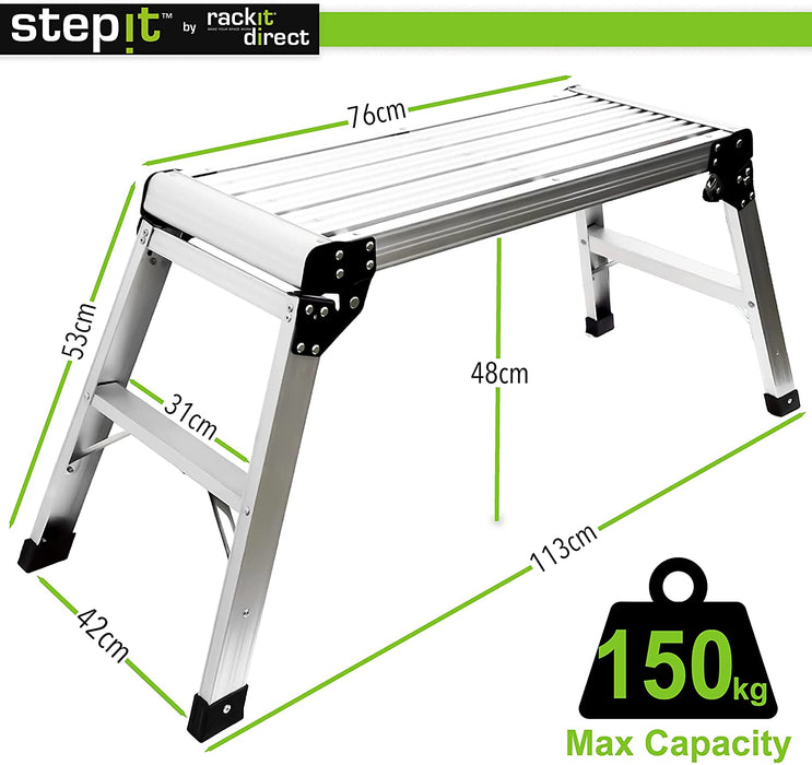 StepIt 150kg Lightweight Aluminium Work Platform, Folding Step Up/Hop Up Platform - 1130x520x420 - Working 2 Step Up Ladder With Secure Lock, High Capacity Maximum Weight Bench, EN131 Certified - RackitDirect