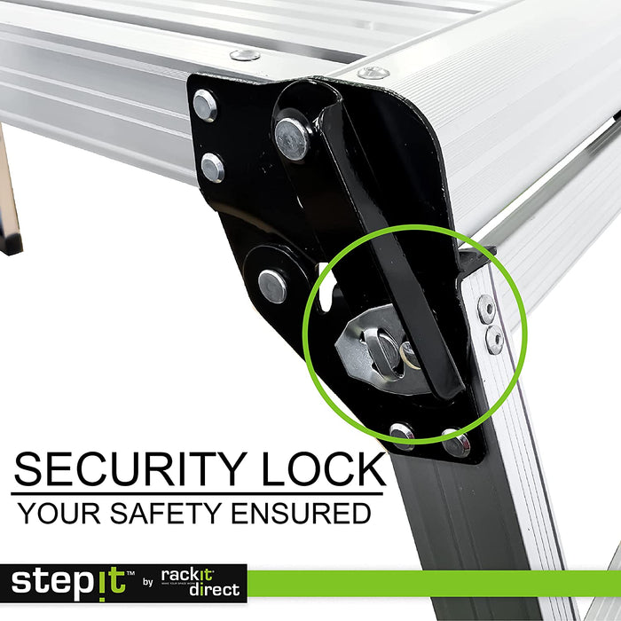 StepIt 150kg Lightweight Aluminium Work Platform, Folding Step Up/Hop Up Platform - 1130x520x420 - Working 2 Step Up Ladder With Secure Lock, High Capacity Maximum Weight Bench, EN131 Certified - RackitDirect