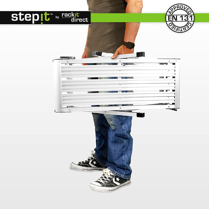 StepIt 150kg Lightweight Aluminium Work Platform, Folding Step Up/Hop Up Platform - 1130x520x420 - Working 2 Step Up Ladder With Secure Lock, High Capacity Maximum Weight Bench, EN131 Certified - RackitDirect