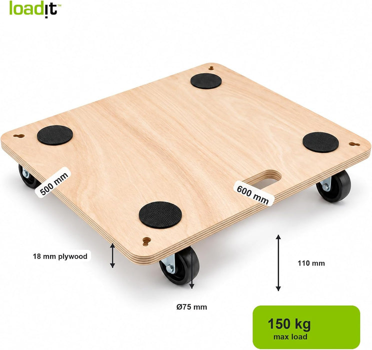 LoadIt Furniture Dolly Trolley 200kg - Heavy Duty Wooden Moving Dolly 60x50cm, Removal Platform Trolley with 360 Degree Castors