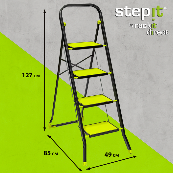 StepIt 4 Step Steel Step Ladder with Anti-Slip Feet - Folding Step Stool with Modern Design - Kitchen, Home & Garage Small Steps - 150kg Capacity - Space Saving Storage - Small Step Ladder