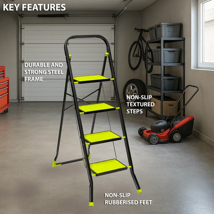 StepIt 4 Step Steel Step Ladder with Anti-Slip Feet - Folding Step Stool with Modern Design - Kitchen, Home & Garage Small Steps - 150kg Capacity - Space Saving Storage - Small Step Ladder