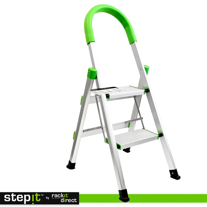 Aluminium 2 Step Ladder, Non-Slip Deep Steps, 150kg, 2-Year Warranty - Non Professional