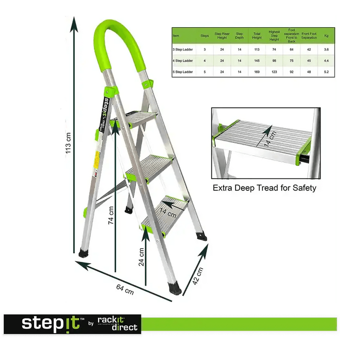 Aluminium 3 Step Ladder, Non-Slip Deep Steps, 150kg, 2-Year Warranty - Non Professional