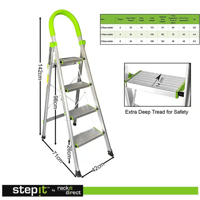 Aluminium 4 Step Ladder, Non-Slip Deep Steps, 150kg, 2-Year Warranty - Non Professional