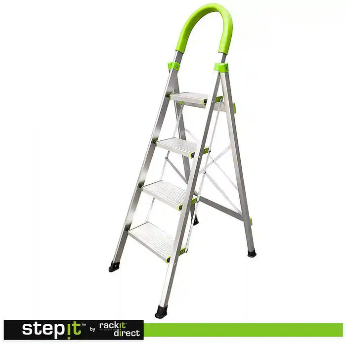 Aluminium 4 Step Ladder, Non-Slip Deep Steps, 150kg, 2-Year Warranty - Non Professional