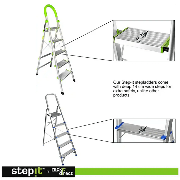 Aluminium 5 Step Ladder, Non-Slip Deep Steps, 150kg, 2-Year Warranty - Non Professional