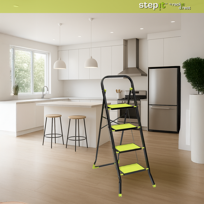 StepIt 4 Step Steel Step Ladder with Anti-Slip Feet - Folding Step Stool with Modern Design - Kitchen, Home & Garage Small Steps - 150kg Capacity - Space Saving Storage - Small Step Ladder
