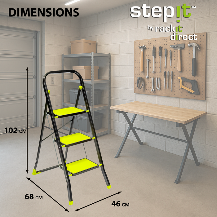 StepIt 3 Step Steel Step Ladder with Anti-Slip Feet - Folding Step Stool with Modern  Design - Kitchen, Home & Garage Small Steps - 150kg Capacity - Space Saving Storage - Small Step Ladder