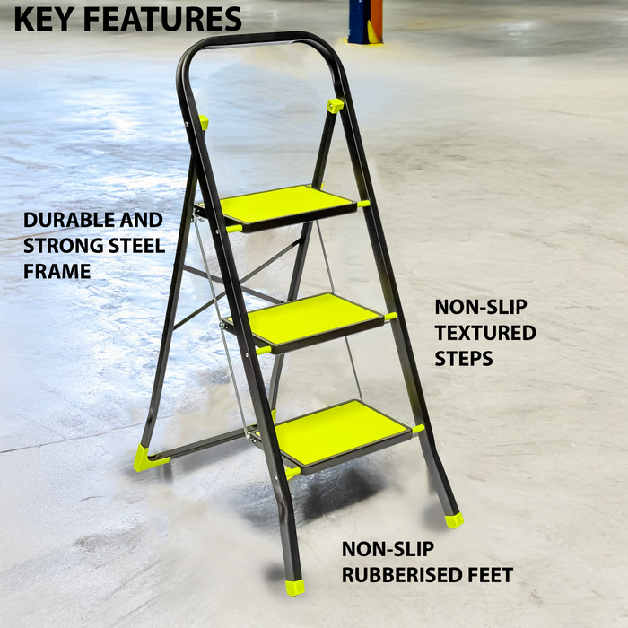 StepIt 3 Step Steel Step Ladder with Anti-Slip Feet - Folding Step Stool with Modern  Design - Kitchen, Home & Garage Small Steps - 150kg Capacity - Space Saving Storage - Small Step Ladder