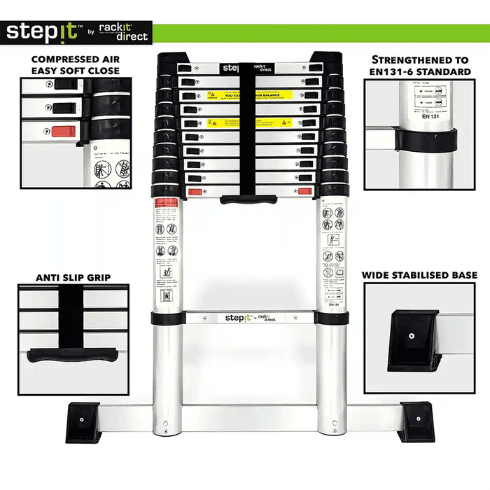 Step-it™ telescopic ladder from Rackit Direct showcasing advanced features: compressed air easy soft close mechanism, anti-slip grip for added safety, and a wide stabilised base for support. The product is strengthened to meet the EN131-6 standard. Detailed safety instructions and labels are visible on the ladder's side. Branding prominently displayed with a sleek black and silver design.