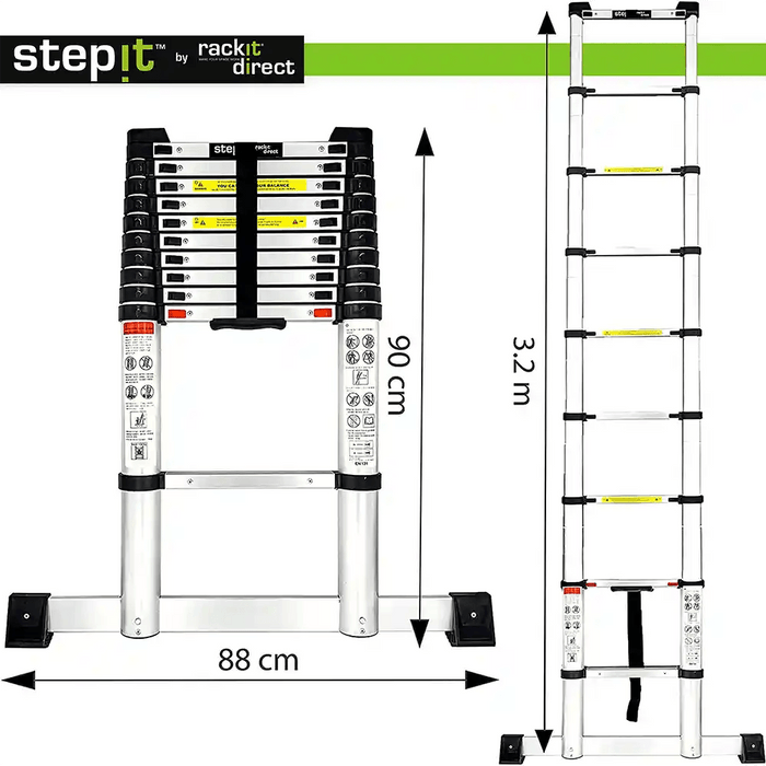 Step-it™ telescopic ladder by Rackit Direct in both compact and extended views. In its compact form, the ladder measures 88 cm in width. Fully extended, it reaches a height of 3.2 meters. The ladder features safety labels, a sturdy base, and a black and silver design. When collapsed, clear yellow labels and a handle are prominently visible for user guidance and ease of transport.