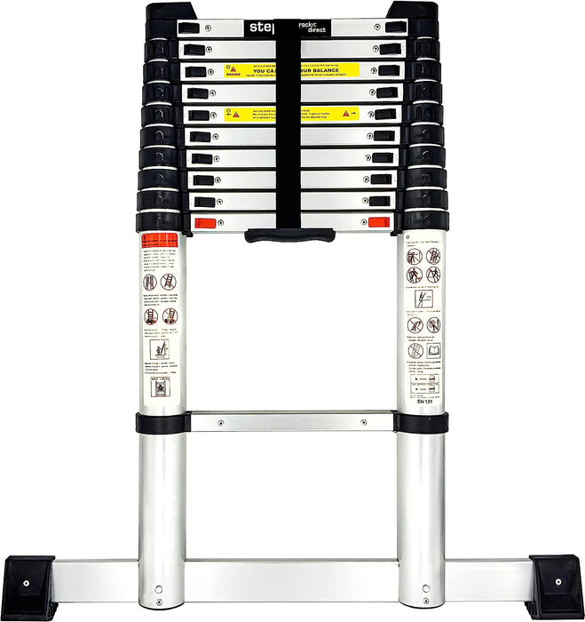 Compact telescopic ladder from Rackitdirect.co.uk, EN-131 certified, featuring a sturdy black and silver design, safety instruction labels, adjustable steps, and a convenient carry handle. Step-it™ by Rackit Direct branding prominently displayed, accompanied by the British flag.
