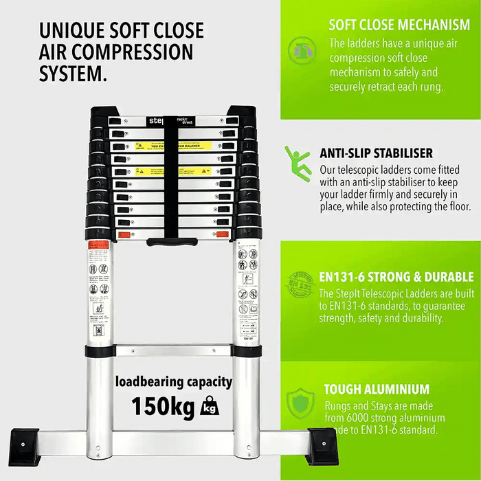 Rackit Direct Step-it™ telescopic ladder featuring unique soft close air compression system, anti-slip stabilizer for firm grip, EN131-6 safety standards, durable construction, and 150kg load-bearing capacity made of tough 6000 strong aluminium