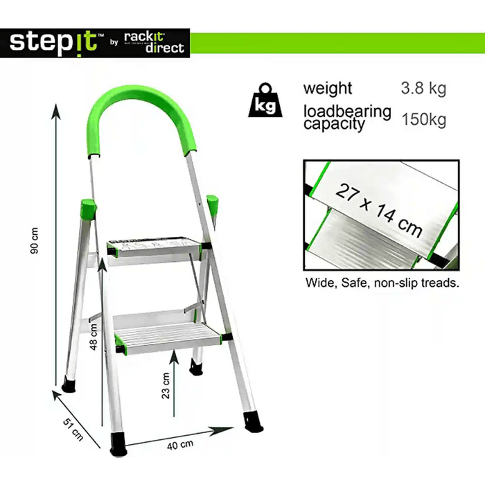 StepIt by Rackit Direct aluminium ladder with bright green accents, measuring 90cm in height. Features include a weight of 3.8 kg, a load-bearing capacity of 150kg, wide and safe non-slip treads of 27 x 14 cm, and precise dimensions for each part of the ladder such as 57cm width at the base and 40cm tread width.