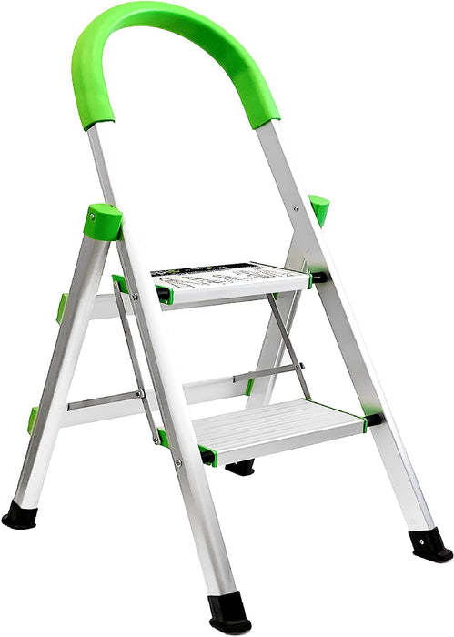 Step-it™ by Rackit Direct - British-made step ladder featuring a bright green handle and accents, EN-131 certified for safety, with a sturdy platform for added convenience. Perfect for both domestic environments.