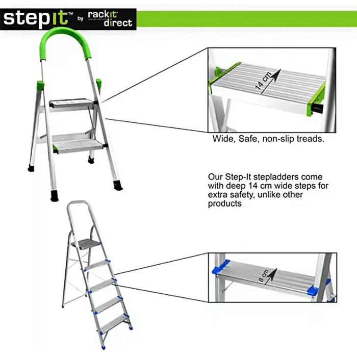 StepIt by Rackit Direct aluminium stepladders showcasing two distinct designs: one with bright green accents and another with blue details. Both feature wide, safe, non-slip treads, with a close-up emphasising the deep 14 cm wide steps for enhanced safety, setting them apart from other products in the market.