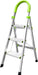 A silver and green foldable step ladder with ergonomic grip handle, anti-slip tread platforms, and sturdy metal frame. Ideal for home and professional use.