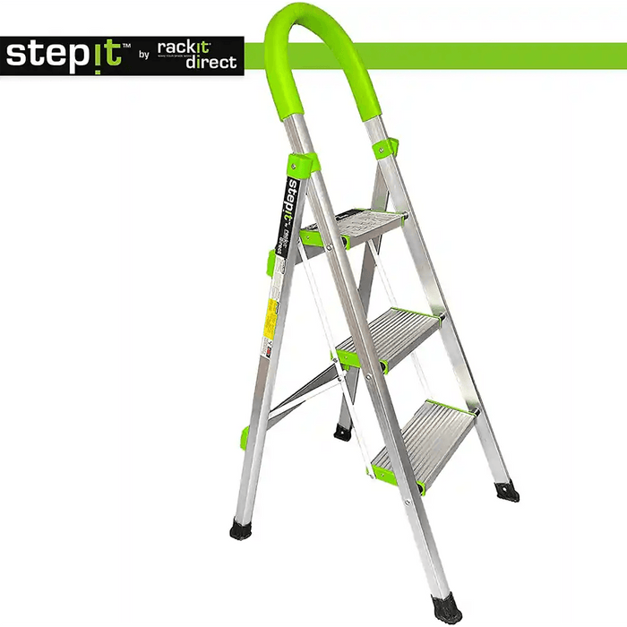 StepIt™ ladder by Rackit Direct with vibrant green handle and safety locks, showcasing ribbed treads for optimum grip. The silver framework and branded labeling detail its premium construction, making it a standout choice for household and professional tasks.