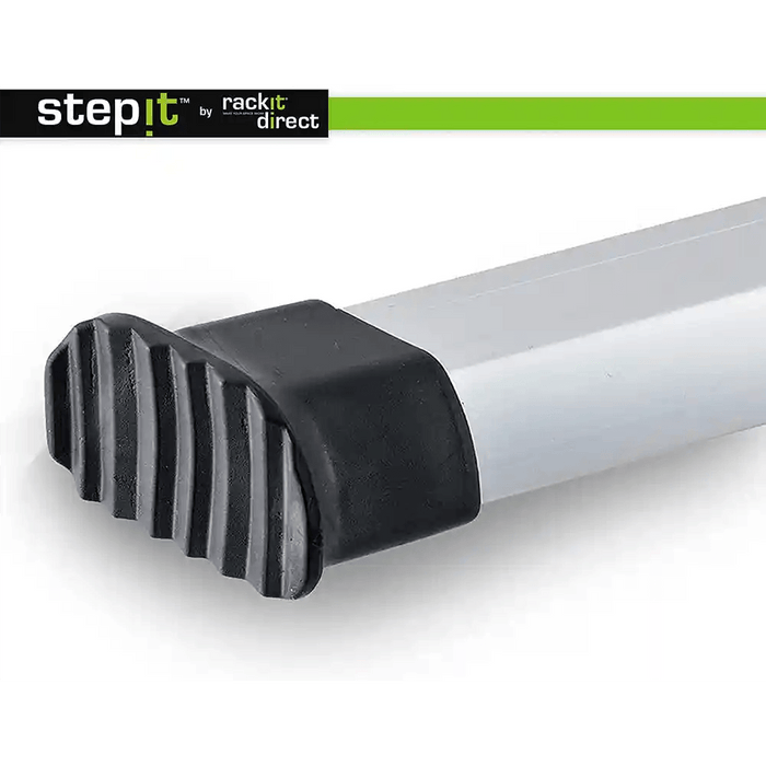 Detailed view of the StepIt™ ladder foot by Rackit Direct, showcasing a durable black rubber grip with ribbed design, positioned on a sleek silver frame. The grip emphasises stability and safety, ensuring optimal traction on various surfaces, highlighting the ladder's advanced features and meticulous craftsmanship.