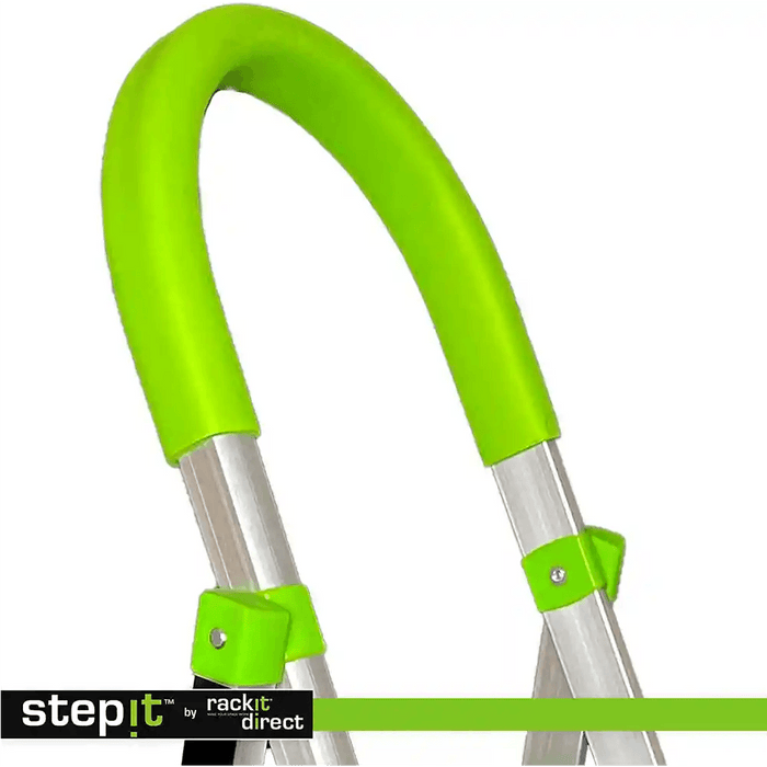 Close-up of the StepIt™ ladder's vibrant green handle by Rackit Direct, emphasising its ergonomic curved design, smooth finish, and sturdy metallic attachment points. The handle offers a comfortable grip, enhancing the user's safety and ease of handling during use, reflecting the brand's dedication to innovative and user-friendly design.