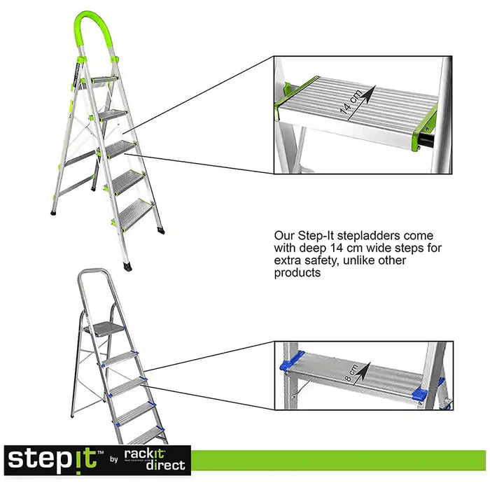 StepIt™ by Rackit Direct stepladders, featuring a distinctive green design, emphasise a 14 cm deep wide step for enhanced safety. Close-up views show textured tread details, contrasting it from other products, and underscoring its commitment to user security.