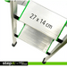 Close-up of StepIt™ ladder tread by Rackit Direct, displaying a detailed anti-slip surface and green-accented edges. Step size marked as 27 x 14 cm. Metal legs with protective rubber feet ensure stability.
