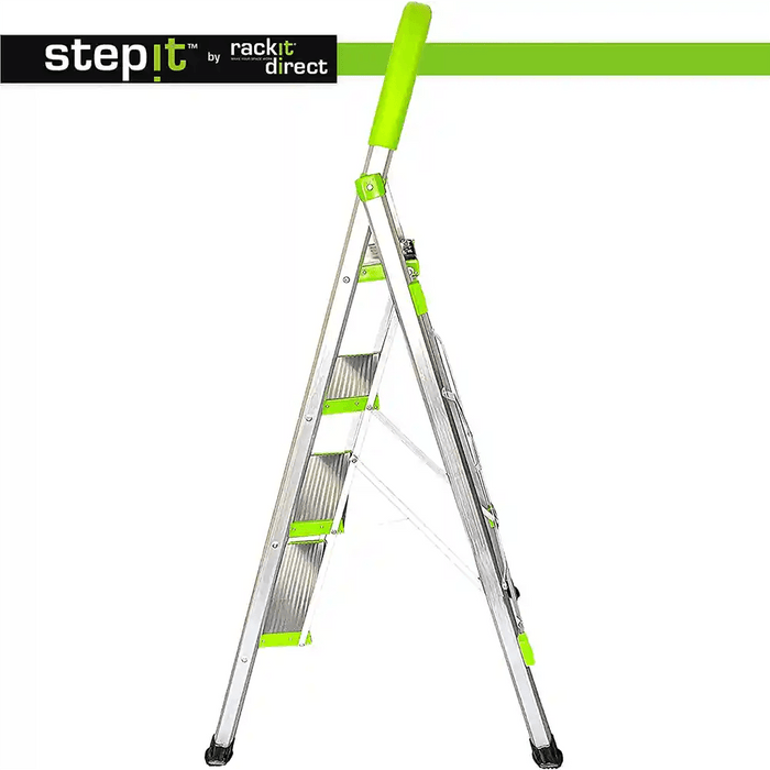 Aluminium 4 Step Ladder, Non-Slip Deep Steps, 150kg, 2-Year Warranty - Non Professional - RackitDirect