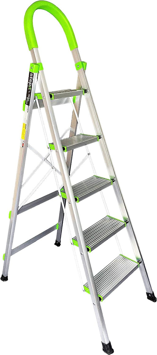 StepIt™ aluminium step ladder with vibrant green accents, featuring three ribbed treads for grip, ergonomic top handle, and sturdy rubber feet for safety and stability.
