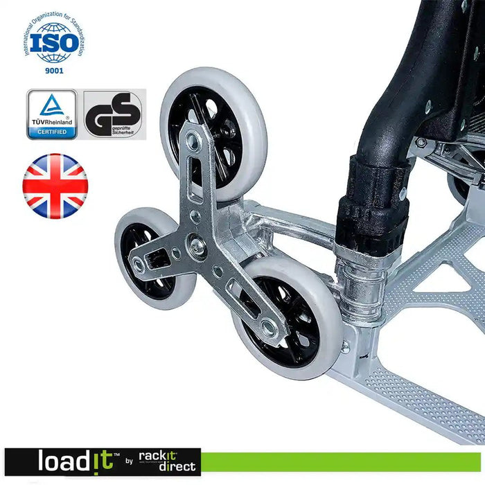 Folding Stair Climber Sack Truck 70kg, Bungee Cord & 6 Rubber Wheels - RackitDirect