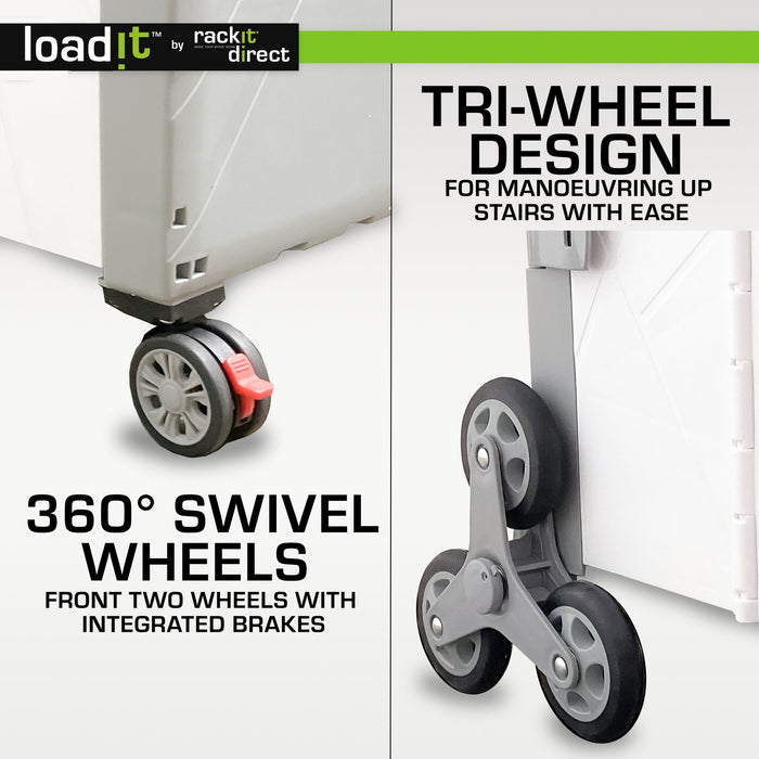LoadiT Box Trolley with Stair Climbing Wheels and Handle, Box with Wheels and Handle 60kg, Heavy Duty, Shopping & Storage - RackitDirect