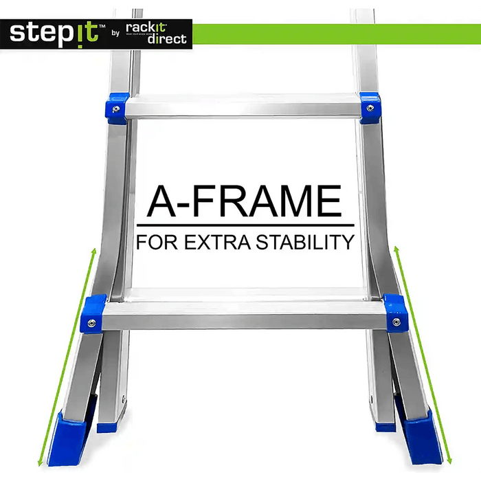 The image highlights the A-frame design of the Step-It ladder by rackit direct. This A-frame structure is promoted for its extra stability, providing support and balance when the ladder is in use.