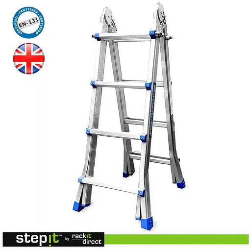 A Step-It ladder by rackit direct, with a robust silver frame and distinct blue accents. It's certified under EN-131 standards, ensuring quality and safety, and features the UK flag emblem.