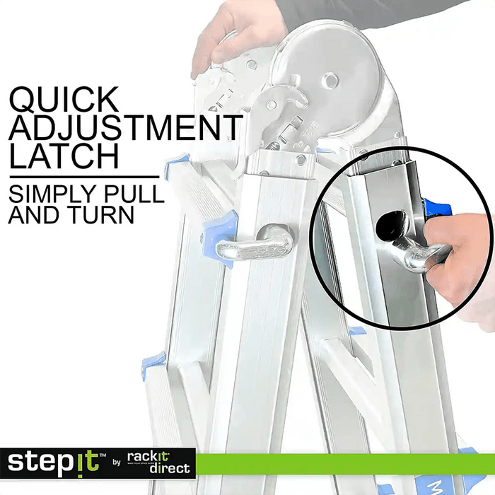 The quick adjustment latch feature of the Step-It ladder by rackit direct. The latch allows for easy modification: simply pull and turn. The close-up inset provides a detailed view of the latch mechanism."
