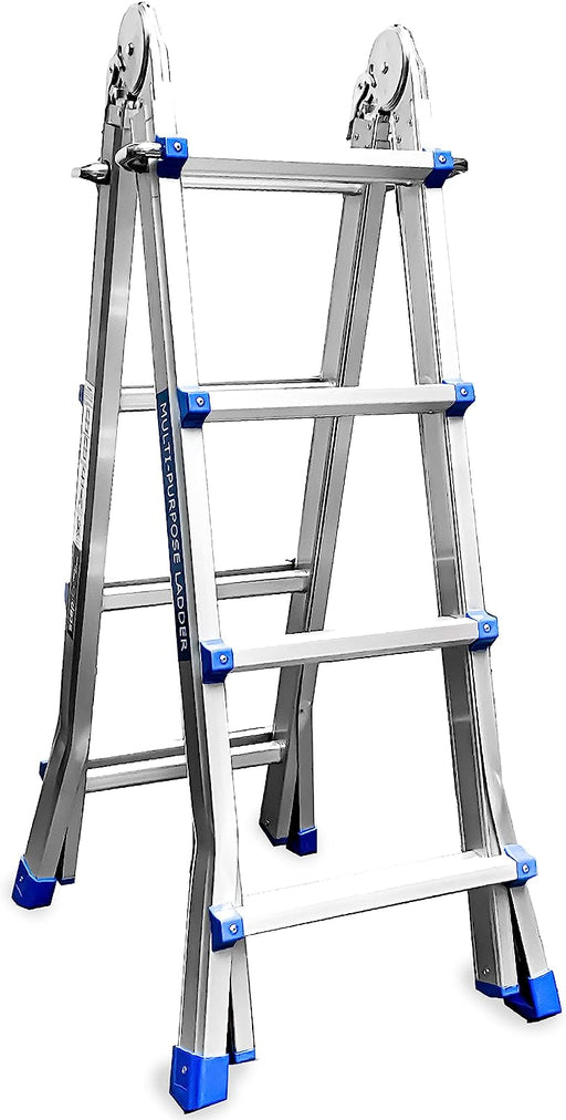 Silver multipurpose ladder with sturdy blue accents, highlighting the durable build and functionality for diverse tasks.
