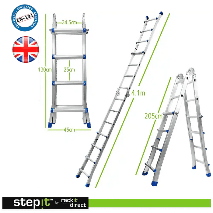 Step-It' ladder by rackit direct, displayed in three positions, with annotated measurements. One ladder stands upright showcasing width and height dimensions, another extended illustrating its length, and the last one folded. EN-131 certification badge with a British flag is present.